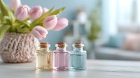 Aromatic essential oils in small glass bottles with cork stoppers against soft background with pink tulips in woven basket.