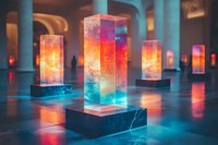 Luminous rectangular crystal columns with vibrant orange and blue gradient colors displayed in modern gallery space, creating ethereal atmospheric lighting effects.
