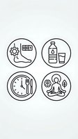 Four circular wellness icons featuring exercise tracking, hydration, meal timing and meditation for healthy lifestyle apps and fitness programs.