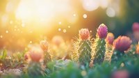 Small cactus with pink blooms in golden sunlight creating magical bokeh effect in desert garden setting for nature and botanical design projects.
