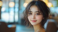 Young Asian woman with short dark hair and natural makeup smiling warmly at camera. Soft bokeh background creates dreamy atmosphere for lifestyle and beauty content.