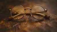 Vintage round metal eyeglasses on textured leather surface in warm brown tones with shallow depth of field and atmospheric lighting. Nostalgic fashion accessory.