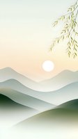 Serene mountain landscape at sunrise with misty rolling hills in soft green tones and delicate willow branches, creating zen-like minimalist atmosphere.