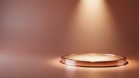 Elegant copper metallic podium platform with warm spotlight illumination on blurred bronze background for luxury product display and presentation.