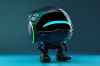 Stylized black robot character with glowing turquoise accents and oversized head design against dark background, suitable for gaming and tech projects.