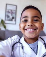 Young Latino boy wearing doctor coat and stethoscope smiles brightly at camera, representing future medical career aspirations and healthcare dreams.