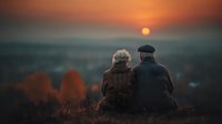 Senior couple sitting together watching sunset over landscape, elderly man and woman enjoying peaceful moment outdoors, romantic golden hour scene for retirement lifestyle.