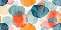 Seamless watercolor pattern with overlapping translucent circles in coral, orange and teal blue shades on white background. Modern abstract repeating design.