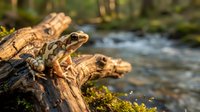 Brown spotted frog sitting on weathered log near flowing stream in natural forest habitat during golden hour lighting for wildlife photography.