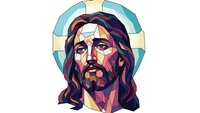Stylized portrait of Jesus Christ with halo in modern geometric art style featuring vibrant colors and angular design elements for religious themed projects.