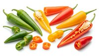 Colorful assortment of fresh chili peppers in red, yellow and green varieties isolated on white background for culinary and cooking designs.
