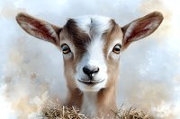 Young brown and white goat with expressive amber eyes and long ears looking directly at camera against soft blurred background, resting on hay. For farm and animal themes.