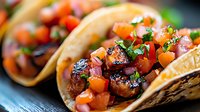 Grilled meat tacos with fresh pico de gallo salsa, diced tomatoes, onions and cilantro on corn tortillas, close up view of Mexican street food.