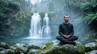Young Caucasian man meditating in lotus position on mossy rock near tropical waterfall surrounded by lush green ferns and forest vegetation for wellness retreat.