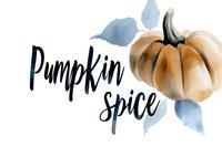 Watercolor pumpkin spice lettering with orange gourd and blue leaves on white background for autumn seasonal design and fall marketing materials.