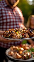Grilled juicy meatballs garnished with fresh herbs on white plate, served outdoors during summer barbecue party with warm bokeh lighting effects.