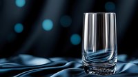 Empty glass on dark blue silk fabric with bokeh lights background creates elegant mood for beverage and product photography.