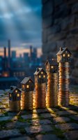 Miniature illuminated houses stacked on coin towers representing wealth growth and financial success against urban skyline backdrop for business concepts.