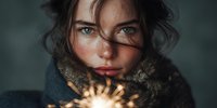 Young woman with messy hair holding glowing light in hands wearing cozy sweater. Magical winter portrait with warm illumination and dreamy atmosphere.