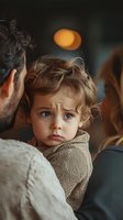 Young child with curly hair and blue eyes wearing knit sweater looks concerned while sitting between parents in intimate family moment. Warm atmospheric lighting.