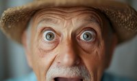 Close-up portrait of surprised senior Caucasian man with expressive blue eyes and gray mustache wearing straw hat, showing genuine emotional reaction.