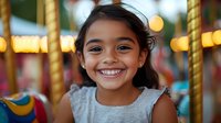 Joyful young South Asian girl with bright authentic smile at carnival or amusement park, colorful bokeh lights and carousel in background, capturing pure childhood happiness.