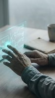 Hand touching holographic display with glowing financial charts and graphs, representing data analysis, technology innovation, and digital business solutions for corporate presentations and tech concepts.