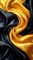 Luxurious golden yellow and black silk fabric flowing in elegant waves creating dramatic contrast for fashion and textile design backgrounds.
