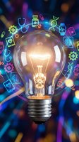 Illuminated lightbulb surrounded by colorful neon healthcare and medical icons including stethoscope, DNA, brain, pills, and heartbeat symbols on vibrant blurred background for innovation and medical technology concepts.