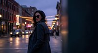 Young woman in leather jacket walking through illuminated city street at dusk with glowing lights and urban architecture creating atmospheric evening scene.