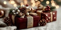 Elegant Christmas gift boxes wrapped in burgundy paper with burlap ribbons, decorated with pine cones, evergreen branches and ornaments against bokeh lights.