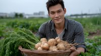 Young Asian male farmer holding fresh harvested onions in wicker basket, smiling at camera while standing in green agricultural field during growing season.