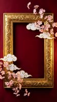 Ornate golden baroque frame with pink cherry blossoms and decorative clouds on burgundy background for luxury design projects and elegant presentations.