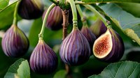 Fresh ripe purple figs growing on tree branch with one cut fig showing red juicy flesh and seeds. Green leaves background. Natural organic fruit closeup.