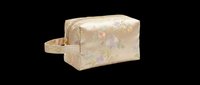 Elegant gold satin cosmetic bag with floral embroidery, isolated on transparent background. Ready for product mockups, t-shirt design, stickers, clipart, and print on demand use.