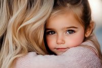Young caucasian girl with bright blue eyes and gentle smile embracing blonde woman in soft pink sweater, emotional family moment captured in warm natural lighting.