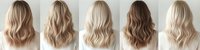 Various blonde hair styles with wavy texture shown from behind, displaying different shades from platinum to caramel blonde.