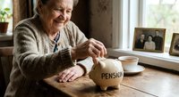 Senior Caucasian woman saving coins in pension jar at home table with family photos, retirement financial planning and elderly savings concept.