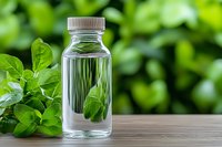 Glass bottle with wooden cap on table against green natural background, fresh basil leaves beside container, eco-friendly packaging concept for essential oils.