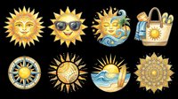 Golden sun character with smiling face isolated on transparent background, ready for t-shirt design, clipart, stickers, sublimation, and print-on-demand products.
