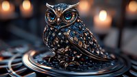 Decorative metallic owl figurine with blue crystal details on dark background with soft candlelight bokeh, showcasing intricate jewelry craftsmanship and design.