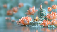 Serene water lilies floating on tranquil pond surface with soft coral petals and peaceful reflections creating zen meditation atmosphere for wellness spa design.