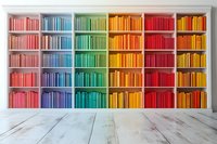 Rainbow colored books arranged on white bookshelf creating vibrant spectrum display against white wall and wooden floor, modern minimalist library interior design.