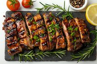 Grilled pork tenderloin sliced and glazed with honey marinade, garnished with fresh herbs, tomatoes, and peppercorns on dark stone serving board.