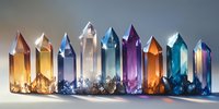 Row of colorful crystal points in rainbow spectrum with transparent and translucent gemstone formations for healing, meditation and spiritual practices.