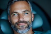 Confident mature Caucasian man with gray hair and beard smiling at camera against blurred teal background. Close up portrait showing genuine positive expression.