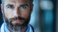 Confident mature Caucasian male with blue eyes, grey beard and intense gaze wearing medical scrubs against blurred hospital background, dramatic lighting highlights facial features.