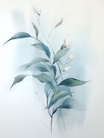 Delicate eucalyptus branch with soft green leaves and tender buds on light blue background, watercolor style botanical art suitable for wall decor and stationery design.
