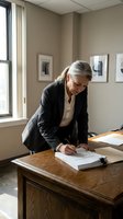 Mature businessman with gray hair signing documents at wooden desk in modern office with natural lighting for corporate and legal concepts.