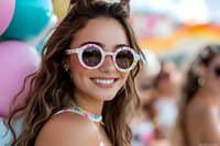 Young Hispanic woman with wavy brown hair wearing round floral sunglasses smiles brightly at summer festival, colorful balloons in background creating joyful atmosphere.